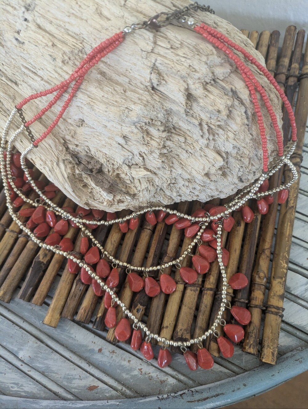 Multi-Strand Coral Red Beaded Necklace - Women Jewelry